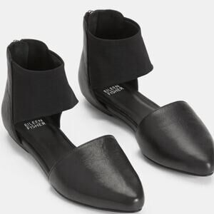 Eileen Fisher Leather Ankle Strap Flats Black D'Orsay Pointed Toe Size 8.5